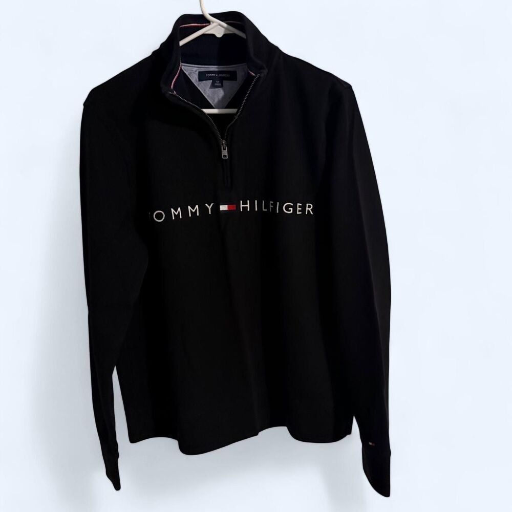 Tommy Hilfiger quarter zip mens S black spellout big logo pullover sweatshirt